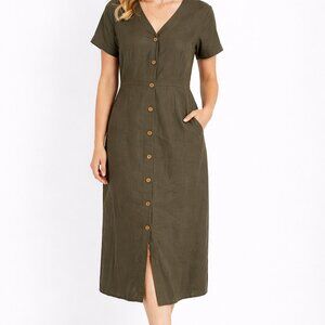 essica Olive Green Button Front Midi Dress | Short Sleeve | Size 12